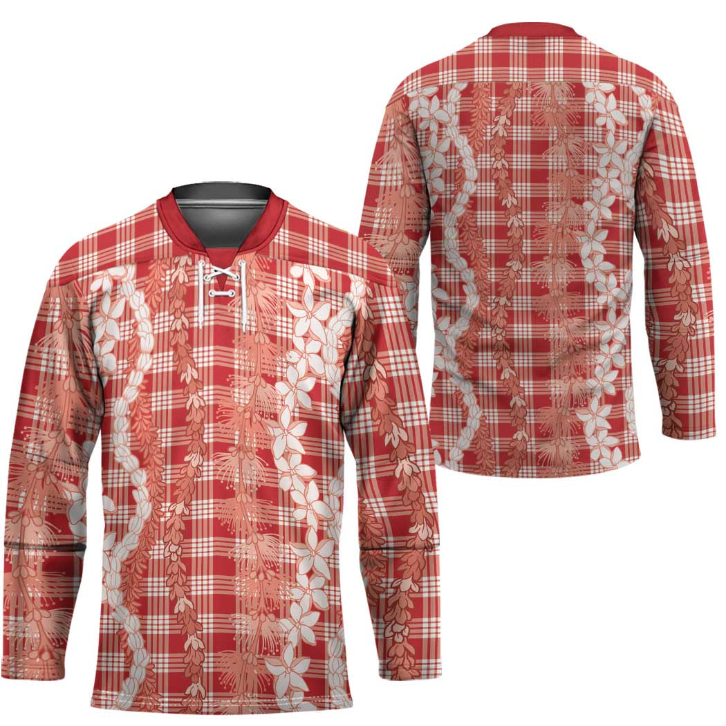 Hawaiian Ohia Lehua Lei Hockey Jersey Plaid Palaka Ulaula Pattern - Polynesian Pride