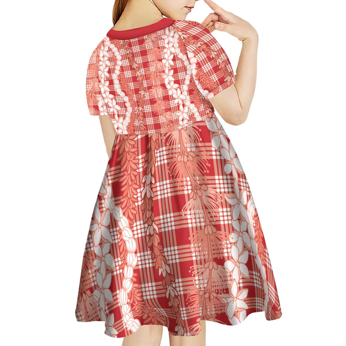 Hawaiian Ohia Lehua Lei Kid Short Sleeve Dress Plaid Palaka Ulaula Pattern - Polynesian Pride