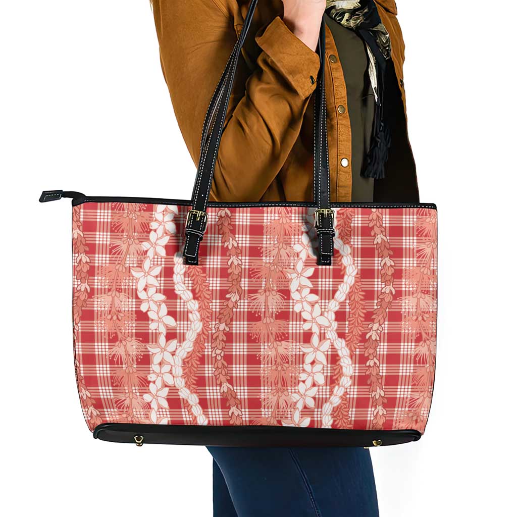 Hawaiian Ohia Lehua Lei Leather Tote Bag Plaid Palaka Ulaula Pattern - Polynesian Pride