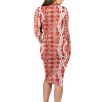 Hawaiian Ohia Lehua Lei Long Sleeve Bodycon Dress Plaid Palaka Ulaula Pattern LT9 - Polynesian Pride