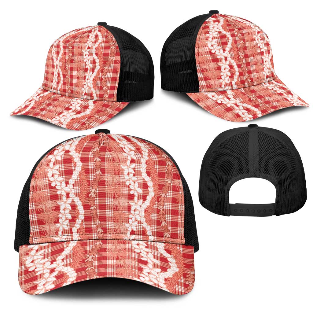 Hawaiian Ohia Lehua Lei Mesh Trucker Cap Plaid Palaka Ulaula Pattern - Polynesian Pride