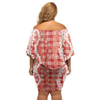 Hawaiian Ohia Lehua Lei Off Shoulder Short Dress Plaid Palaka Ulaula Pattern - Polynesian Pride