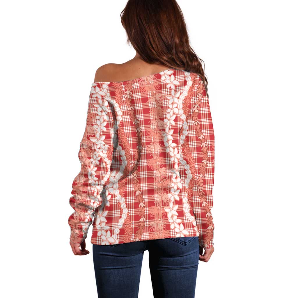 Hawaiian Ohia Lehua Lei Off Shoulder Sweater Plaid Palaka Ulaula Pattern - Polynesian Pride