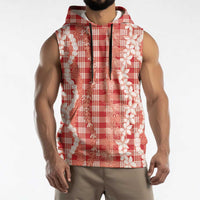 Hawaiian Ohia Lehua Lei Sleeveless Hoodie Plaid Palaka Ulaula Pattern - Polynesian Pride