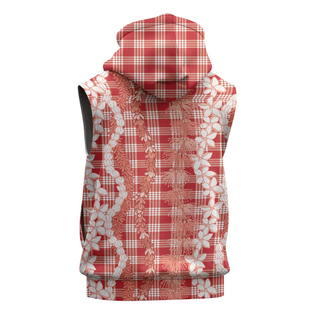 Hawaiian Ohia Lehua Lei Sleeveless Zip Hoodie Plaid Palaka Ulaula Pattern - Polynesian Pride