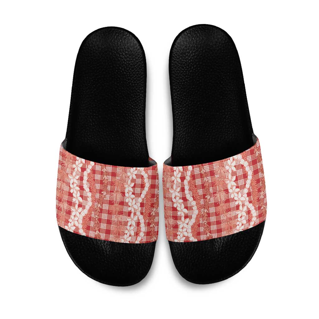 Hawaiian Ohia Lehua Lei Slide Sandals Plaid Palaka Ulaula Pattern - Polynesian Pride