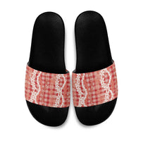 Hawaiian Ohia Lehua Lei Slide Sandals Plaid Palaka Ulaula Pattern - Polynesian Pride