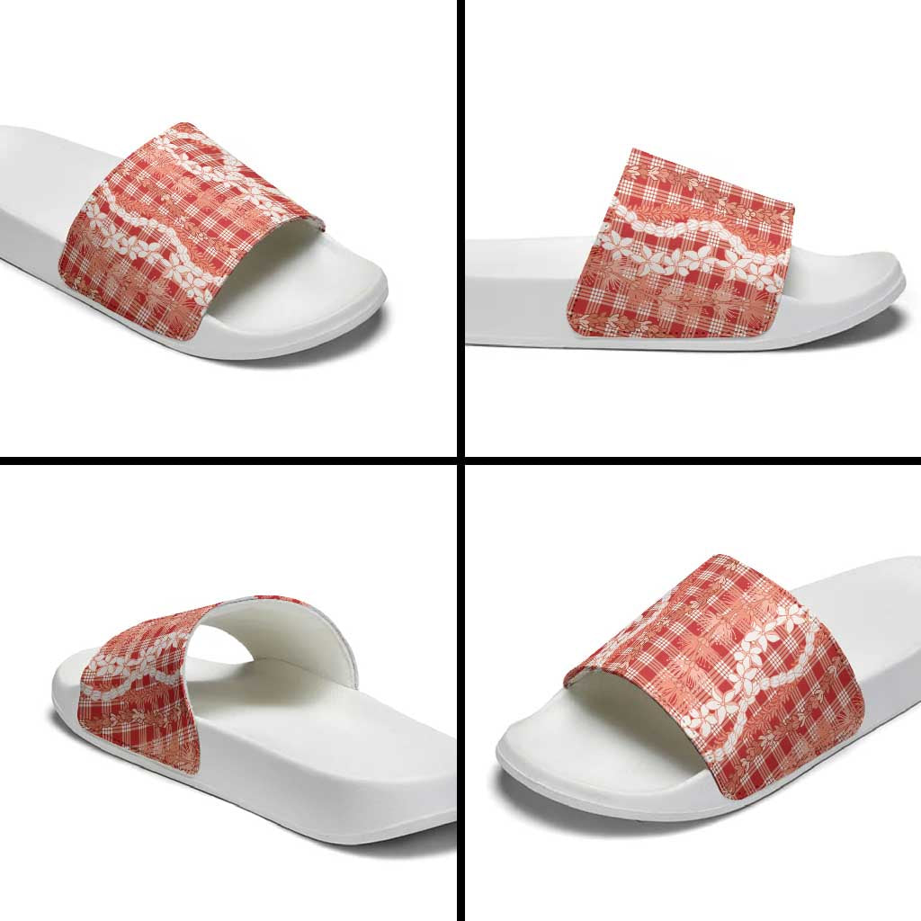 Hawaiian Ohia Lehua Lei Slide Sandals Plaid Palaka Ulaula Pattern - Polynesian Pride