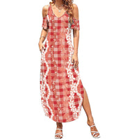 Hawaiian Ohia Lehua Lei Summer Maxi Dress Plaid Palaka Ulaula Pattern - Polynesian Pride