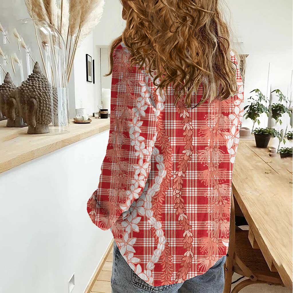 Hawaiian Ohia Lehua Lei Women Casual Shirt Plaid Palaka Ulaula Pattern - Polynesian Pride