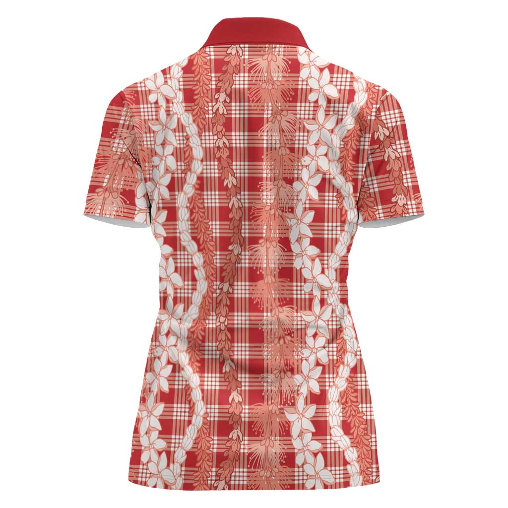 Hawaiian Ohia Lehua Lei Women Polo Shirt Plaid Palaka Ulaula Pattern - Polynesian Pride