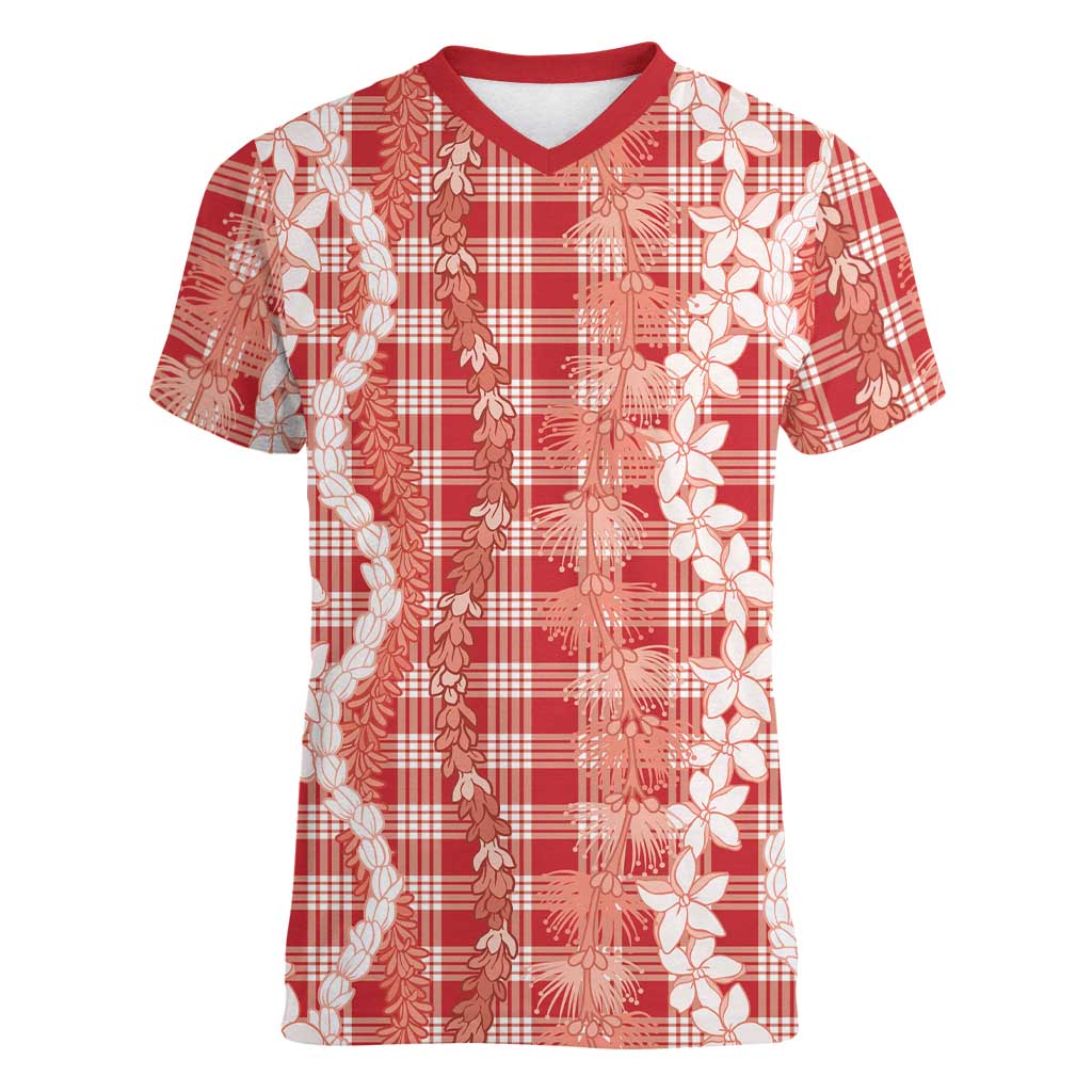 Hawaiian Ohia Lehua Lei Women V-Neck T-Shirt Plaid Palaka Ulaula Pattern - Polynesian Pride