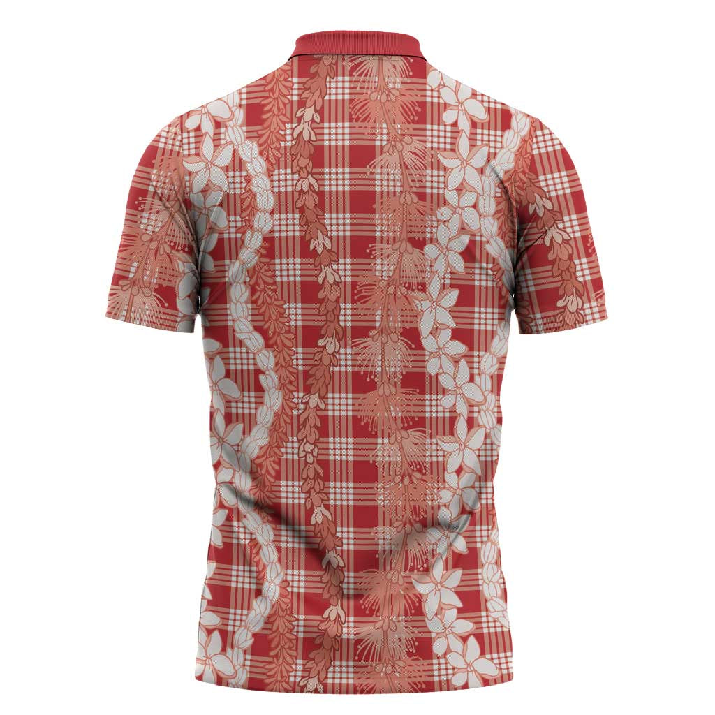 Hawaiian Ohia Lehua Lei Zipper Polo Shirt Plaid Palaka Ulaula Pattern - Polynesian Pride