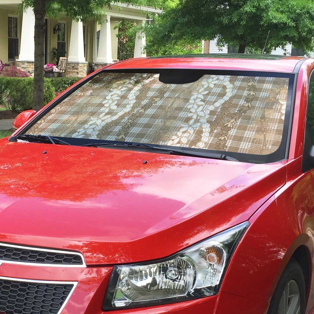 Hawaiian Ohia Lehua Lei Auto Sun Shade Plaid Palaka Kalaihaahaa Pattern - Polynesian Pride