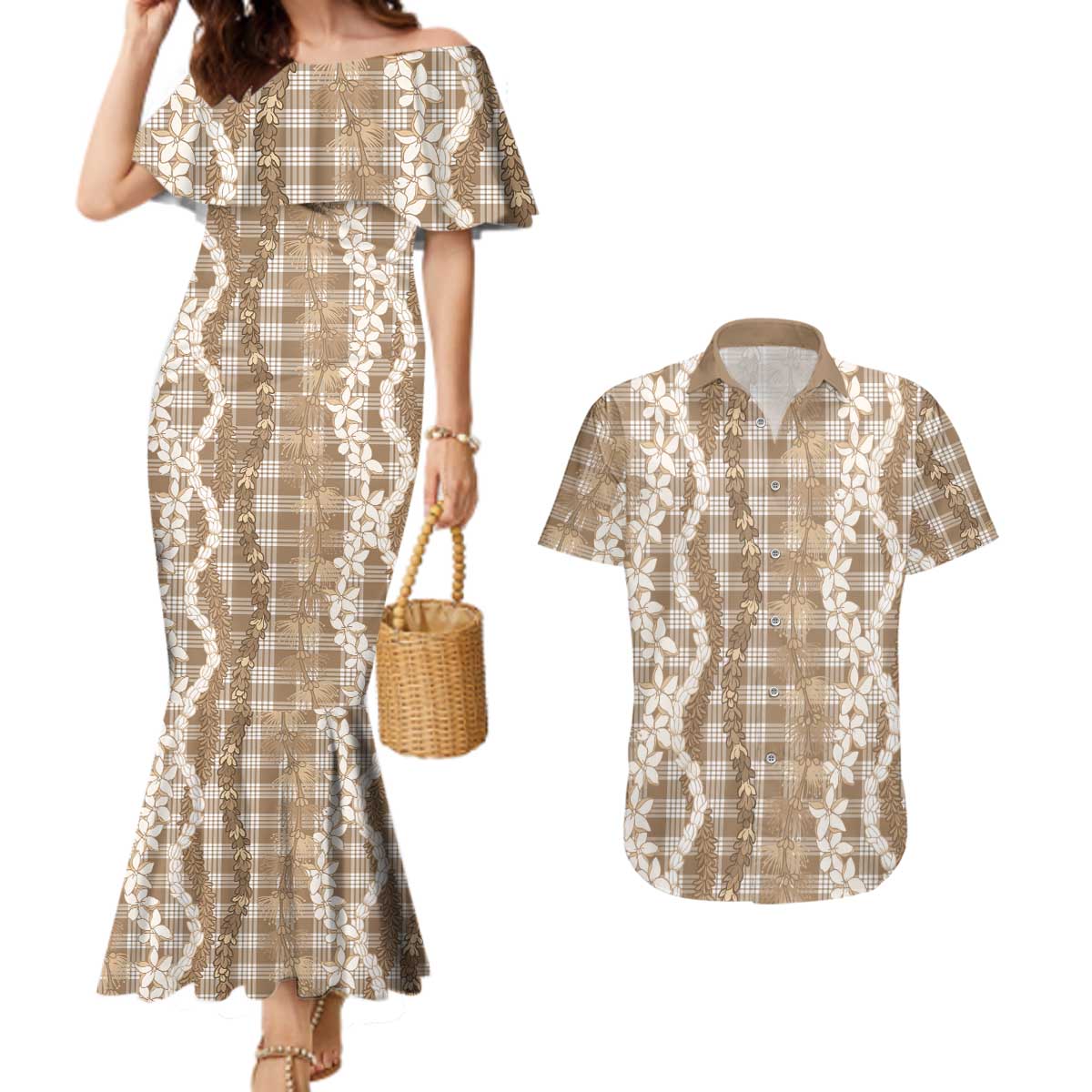 Hawaiian Ohia Lehua Lei Couples Matching Mermaid Dress and Hawaiian Shirt Plaid Palaka Kalaihaahaa Pattern - Polynesian Pride