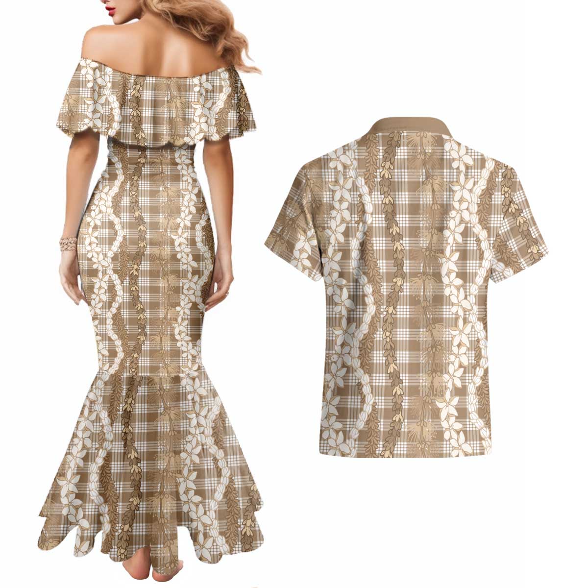 Hawaiian Ohia Lehua Lei Couples Matching Mermaid Dress and Hawaiian Shirt Plaid Palaka Kalaihaahaa Pattern - Polynesian Pride
