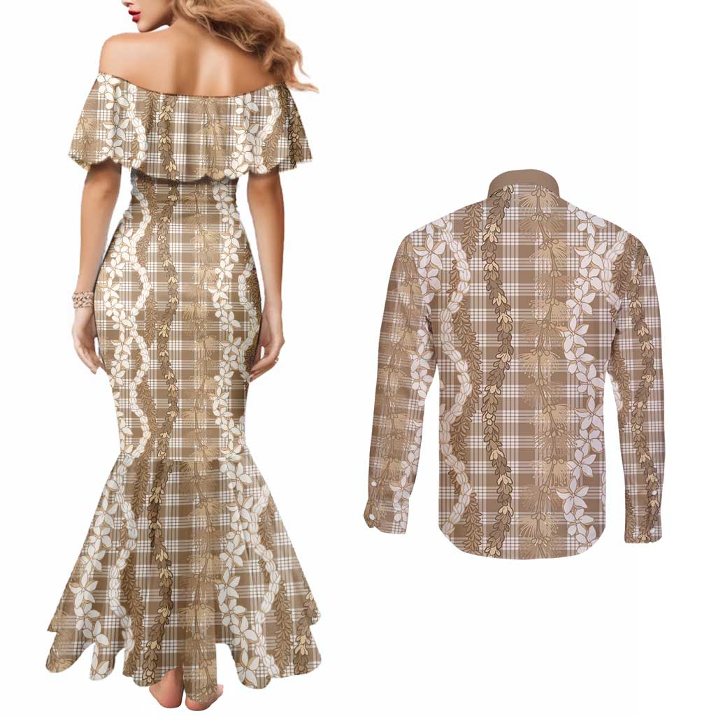 Hawaiian Ohia Lehua Lei Couples Matching Mermaid Dress and Long Sleeve Button Shirt Plaid Palaka Kalaihaahaa Pattern - Polynesian Pride