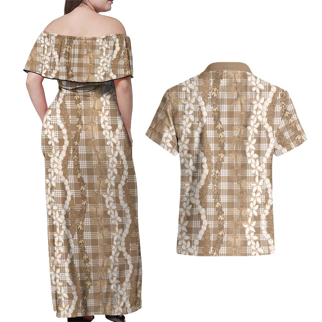 Hawaiian Ohia Lehua Lei Couples Matching Off Shoulder Maxi Dress and Hawaiian Shirt Plaid Palaka Kalaihaahaa Pattern - Polynesian Pride