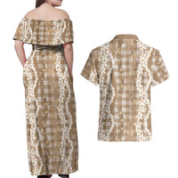 Hawaiian Ohia Lehua Lei Couples Matching Off Shoulder Maxi Dress and Hawaiian Shirt Plaid Palaka Kalaihaahaa Pattern - Polynesian Pride