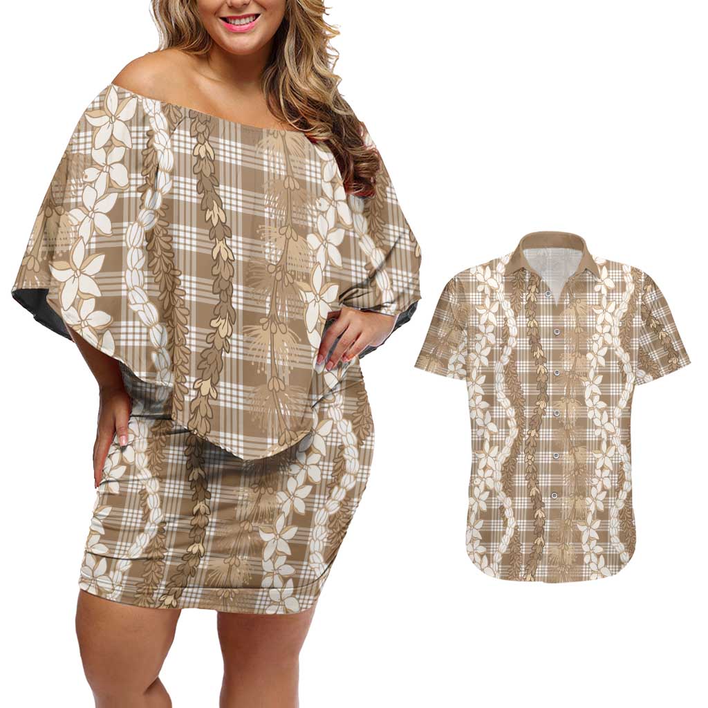 Hawaiian Ohia Lehua Lei Couples Matching Off Shoulder Short Dress and Hawaiian Shirt Plaid Palaka Kalaihaahaa Pattern LT9 Tan - Polynesian Pride