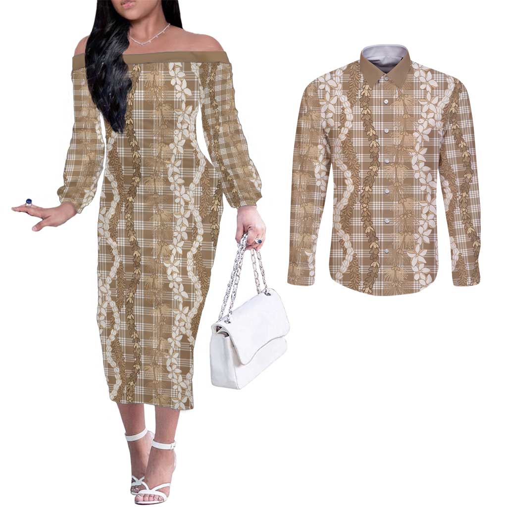 Hawaiian Ohia Lehua Lei Couples Matching Off The Shoulder Long Sleeve Dress and Long Sleeve Button Shirt Plaid Palaka Kalaihaahaa Pattern - Polynesian Pride