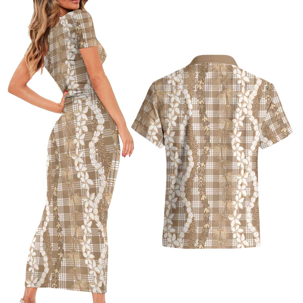 Hawaiian Ohia Lehua Lei Couples Matching Short Sleeve Bodycon Dress and Hawaiian Shirt Plaid Palaka Kalaihaahaa Pattern - Polynesian Pride