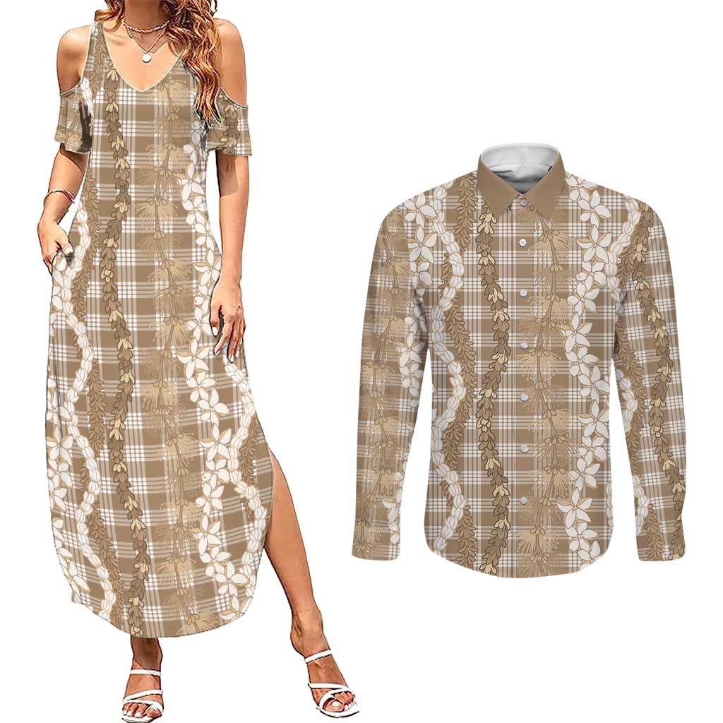 Hawaiian Ohia Lehua Lei Couples Matching Summer Maxi Dress and Long Sleeve Button Shirt Plaid Palaka Kalaihaahaa Pattern - Polynesian Pride
