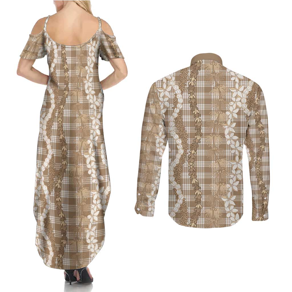 Hawaiian Ohia Lehua Lei Couples Matching Summer Maxi Dress and Long Sleeve Button Shirt Plaid Palaka Kalaihaahaa Pattern - Polynesian Pride