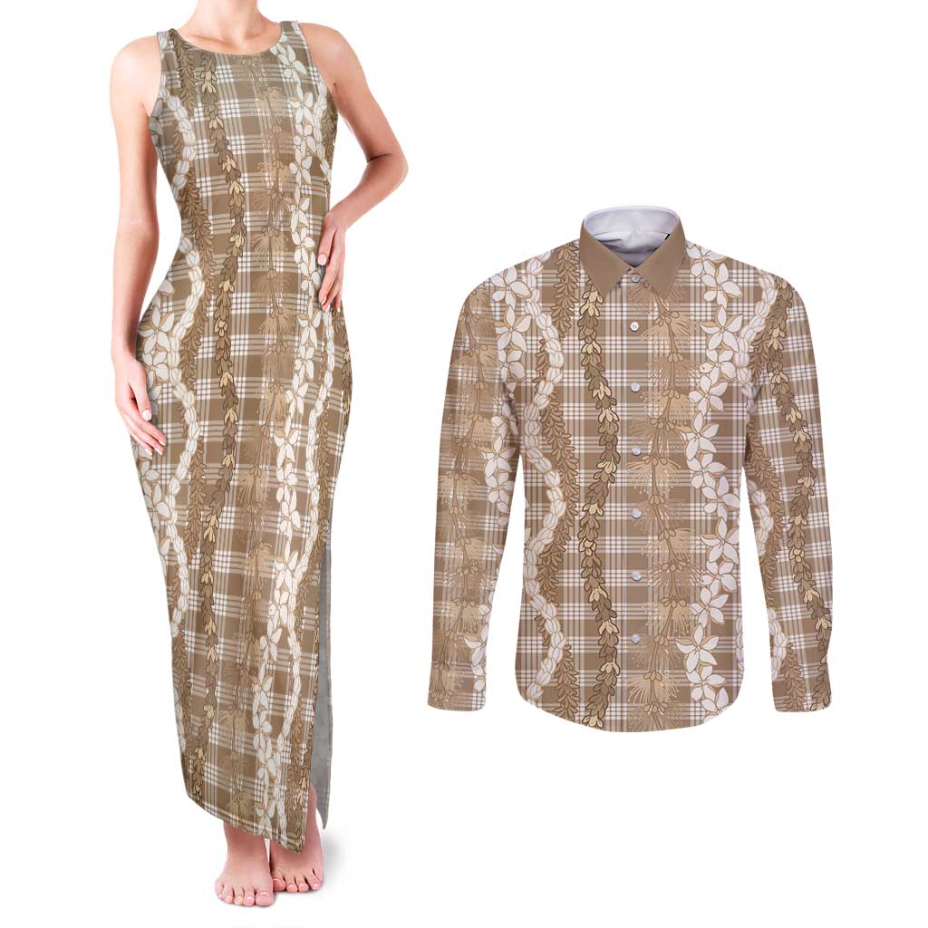 Hawaiian Ohia Lehua Lei Couples Matching Tank Maxi Dress and Long Sleeve Button Shirt Plaid Palaka Kalaihaahaa Pattern - Polynesian Pride