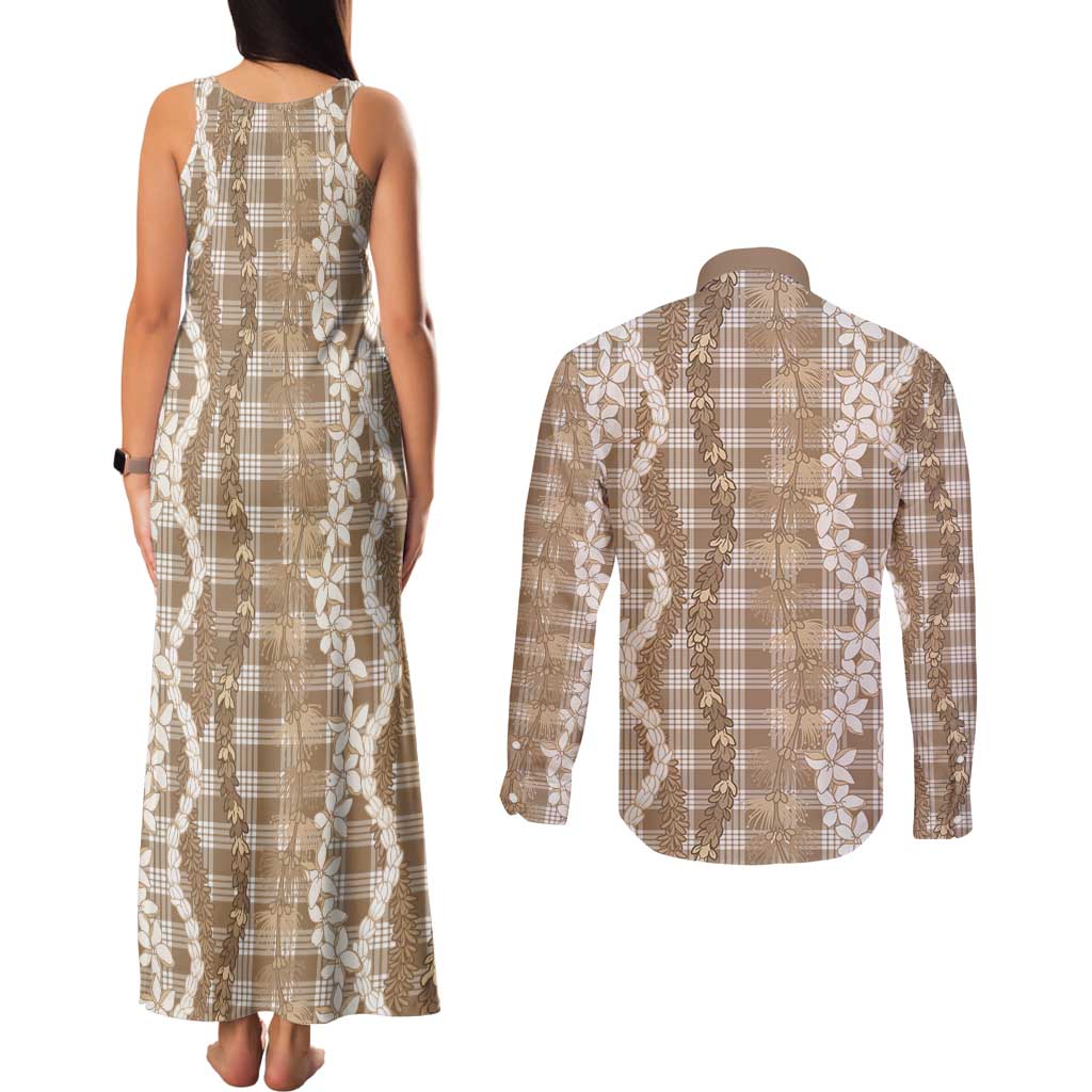 Hawaiian Ohia Lehua Lei Couples Matching Tank Maxi Dress and Long Sleeve Button Shirt Plaid Palaka Kalaihaahaa Pattern - Polynesian Pride