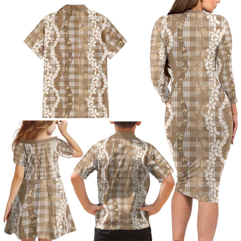 Hawaiian Ohia Lehua Lei Family Matching Long Sleeve Bodycon Dress and Hawaiian Shirt Plaid Palaka Kalaihaahaa Pattern LT9 - Polynesian Pride