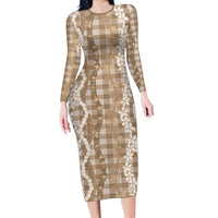 Hawaiian Ohia Lehua Lei Family Matching Long Sleeve Bodycon Dress and Hawaiian Shirt Plaid Palaka Kalaihaahaa Pattern LT9 Tan - Polynesian Pride
