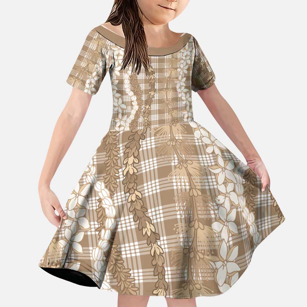 Hawaiian Ohia Lehua Lei Family Matching Off The Shoulder Long Sleeve Dress and Hawaiian Shirt Plaid Palaka Kalaihaahaa Pattern LT9 Daughter's Dress Tan - Polynesian Pride