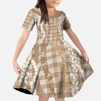Hawaiian Ohia Lehua Lei Family Matching Off Shoulder Maxi Dress and Hawaiian Shirt Plaid Palaka Kalaihaahaa Pattern LT9 Daughter's Dress Tan - Polynesian Pride