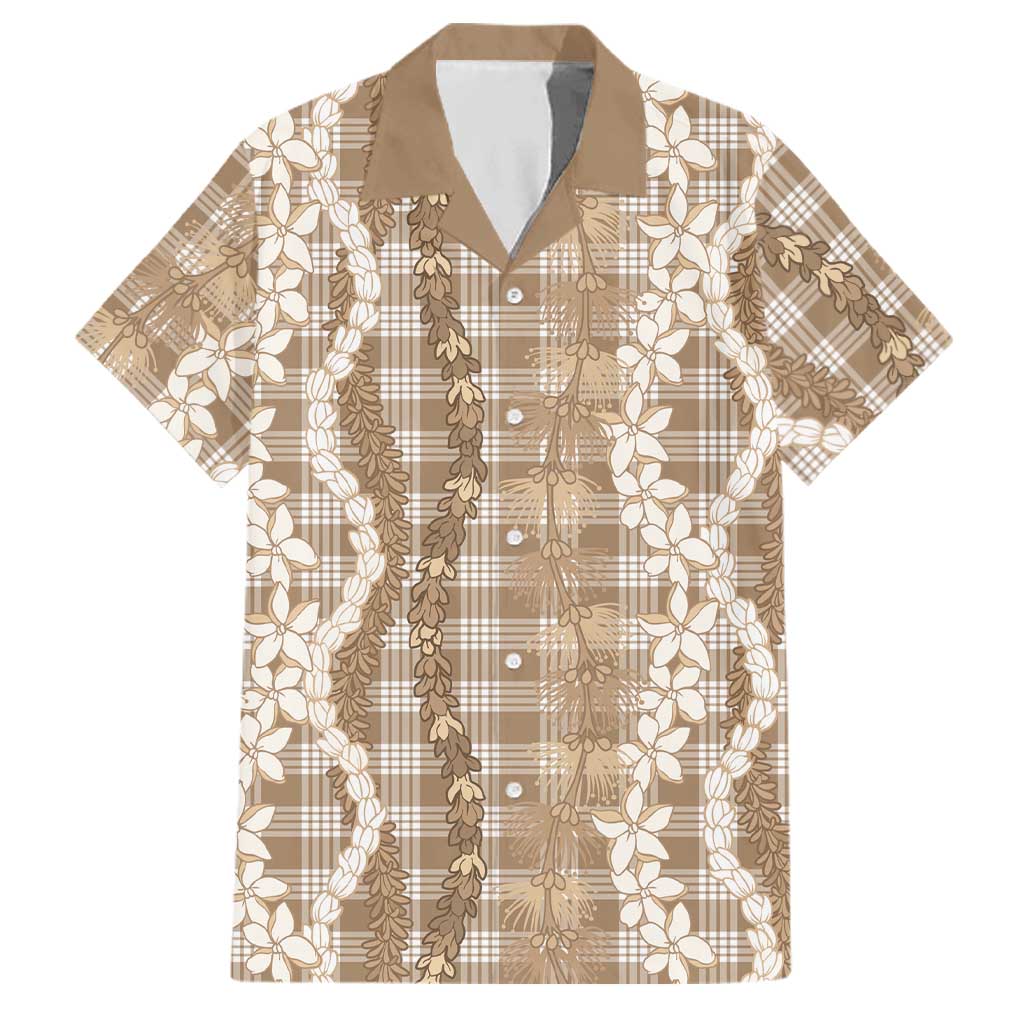Hawaiian Ohia Lehua Lei Family Matching Off Shoulder Short Dress and Hawaiian Shirt Plaid Palaka Kalaihaahaa Pattern LT9 Dad's Shirt - Short Sleeve Tan - Polynesian Pride