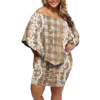 Hawaiian Ohia Lehua Lei Family Matching Off Shoulder Short Dress and Hawaiian Shirt Plaid Palaka Kalaihaahaa Pattern LT9 Tan - Polynesian Pride
