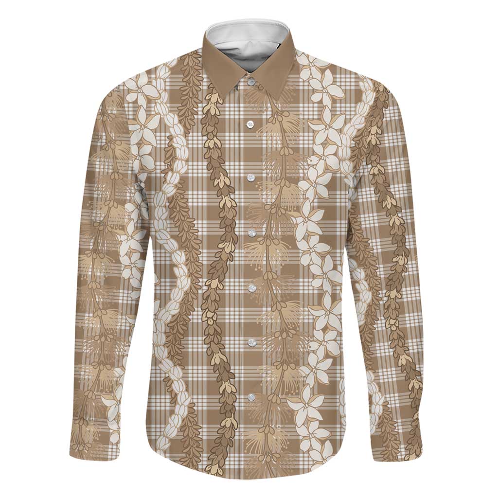 Hawaiian Ohia Lehua Lei Family Matching Puletasi and Hawaiian Shirt Plaid Palaka Kalaihaahaa Pattern LT9 Dad's Shirt - Long Sleeve Tan - Polynesian Pride