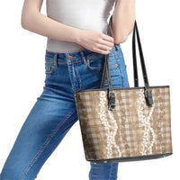 Hawaiian Ohia Lehua Lei Leather Tote Bag Plaid Palaka Kalaihaahaa Pattern - Polynesian Pride