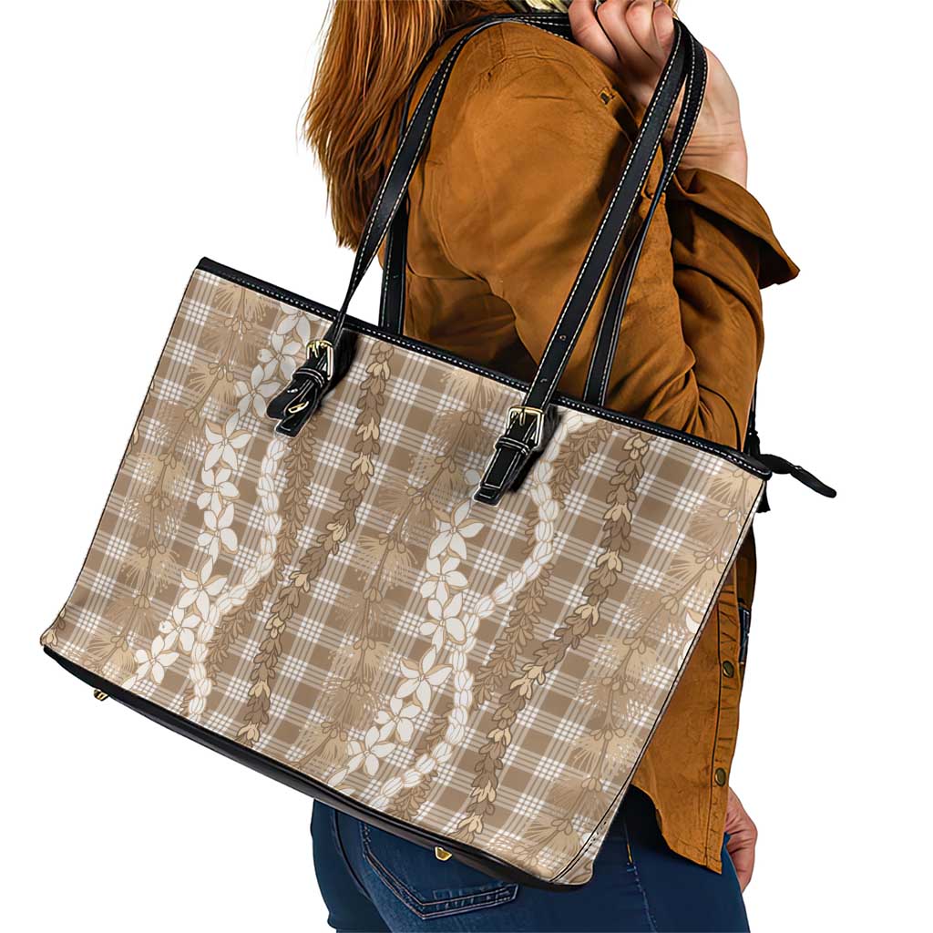 Hawaiian Ohia Lehua Lei Leather Tote Bag Plaid Palaka Kalaihaahaa Pattern - Polynesian Pride