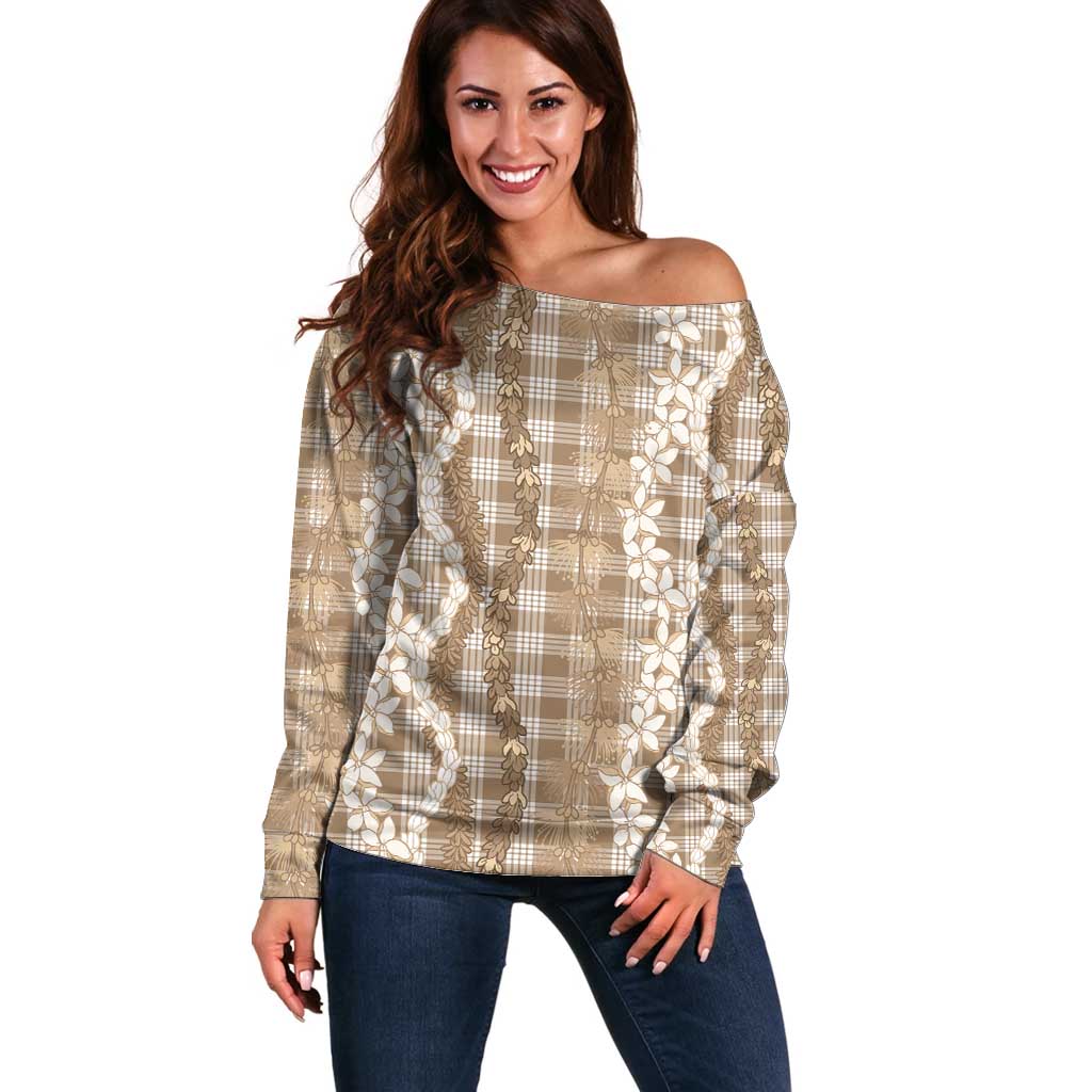 Hawaiian Ohia Lehua Lei Off Shoulder Sweater Plaid Palaka Kalaihaahaa Pattern - Polynesian Pride