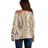 Hawaiian Ohia Lehua Lei Off Shoulder Sweater Plaid Palaka Kalaihaahaa Pattern - Polynesian Pride