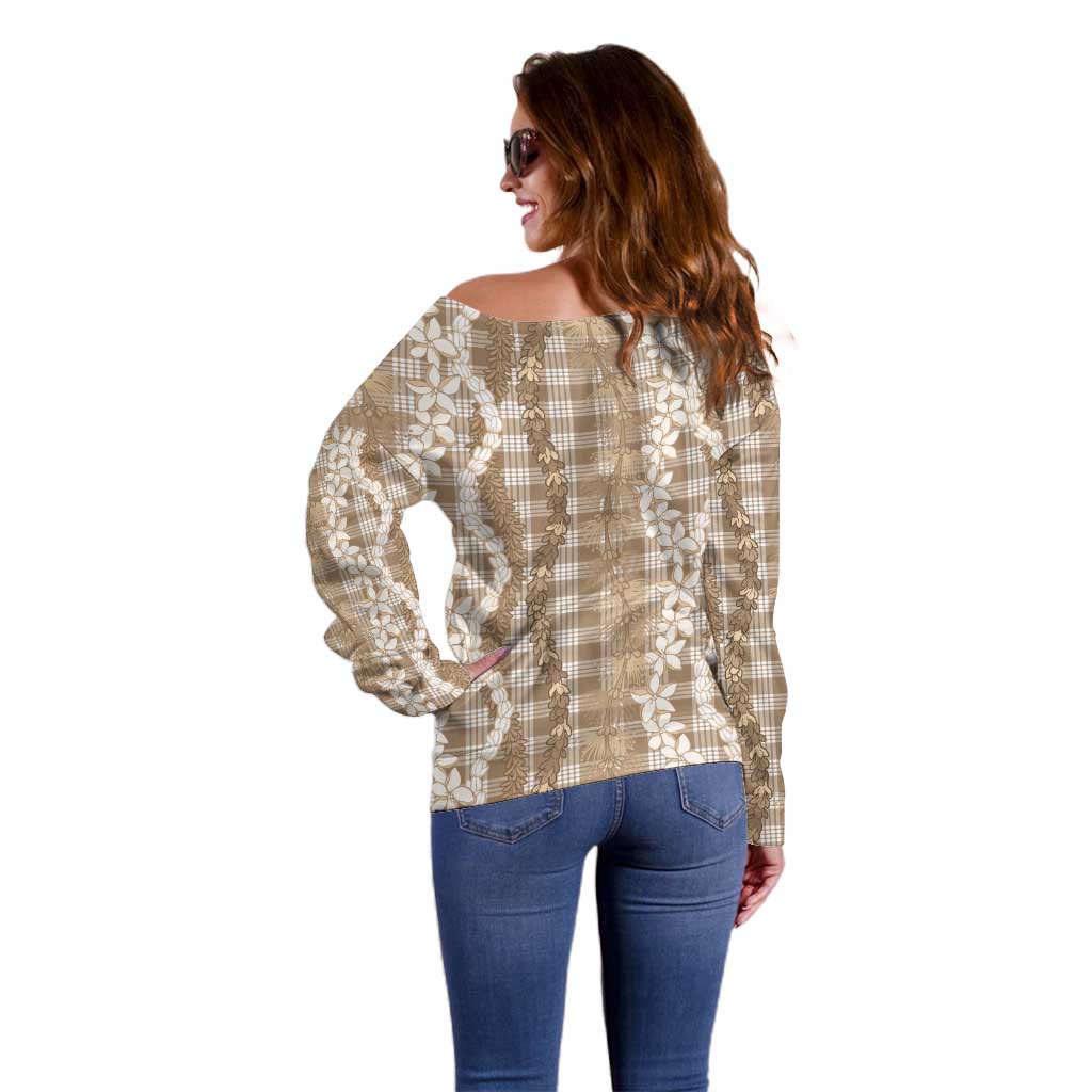 Hawaiian Ohia Lehua Lei Off Shoulder Sweater Plaid Palaka Kalaihaahaa Pattern - Polynesian Pride