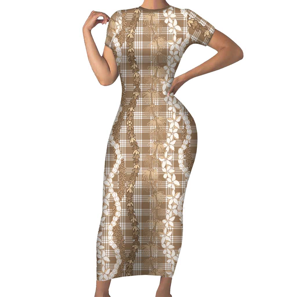 Hawaiian Ohia Lehua Lei Short Sleeve Bodycon Dress Plaid Palaka Kalaihaahaa Pattern - Polynesian Pride