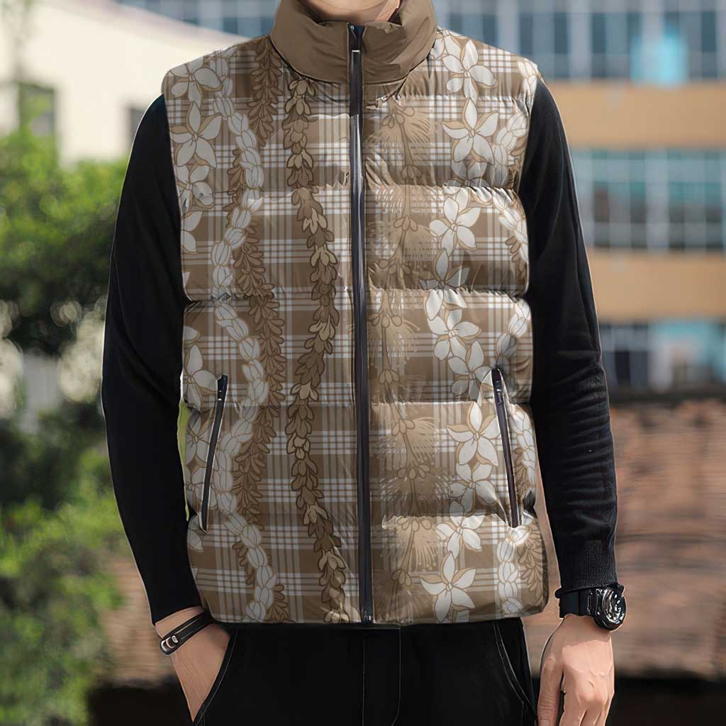 Hawaiian Ohia Lehua Lei Sleeveless Puffer Jacket Plaid Palaka Kalaihaahaa Pattern - Polynesian Pride
