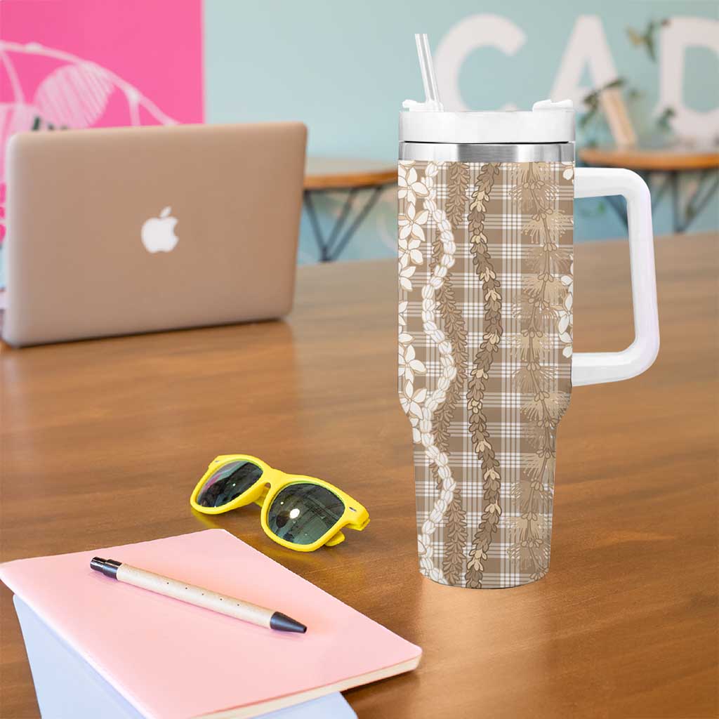 Hawaiian Ohia Lehua Lei Tumbler With Handle Plaid Palaka Kalaihaahaa Pattern - Polynesian Pride