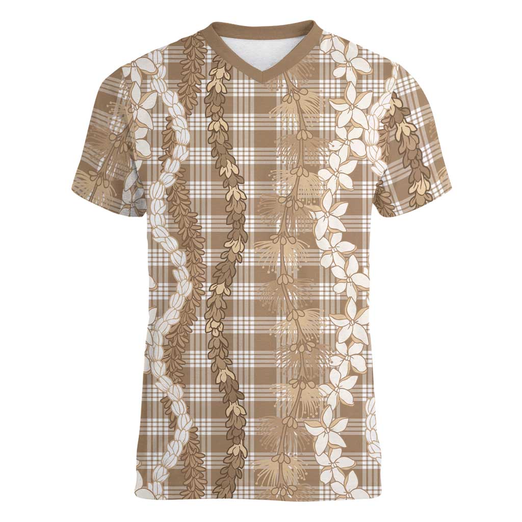 Hawaiian Ohia Lehua Lei Women V-Neck T-Shirt Plaid Palaka Kalaihaahaa Pattern - Polynesian Pride