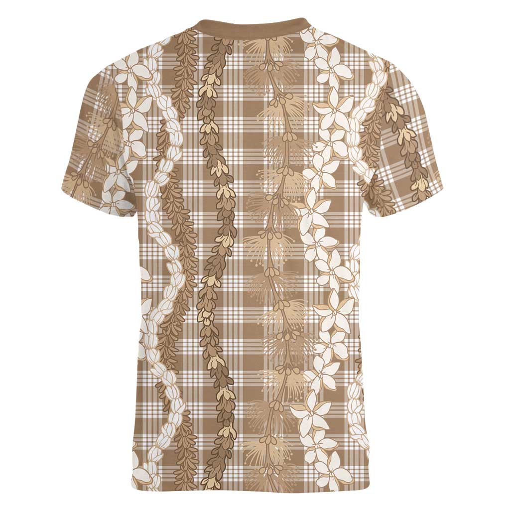 Hawaiian Ohia Lehua Lei Women V-Neck T-Shirt Plaid Palaka Kalaihaahaa Pattern - Polynesian Pride