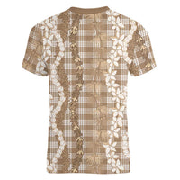 Hawaiian Ohia Lehua Lei Women V-Neck T-Shirt Plaid Palaka Kalaihaahaa Pattern - Polynesian Pride
