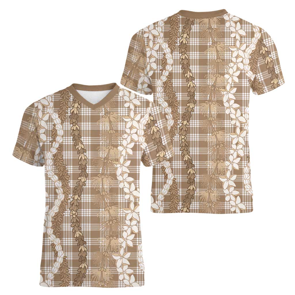 Hawaiian Ohia Lehua Lei Women V-Neck T-Shirt Plaid Palaka Kalaihaahaa Pattern - Polynesian Pride