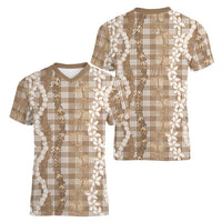 Hawaiian Ohia Lehua Lei Women V-Neck T-Shirt Plaid Palaka Kalaihaahaa Pattern - Polynesian Pride
